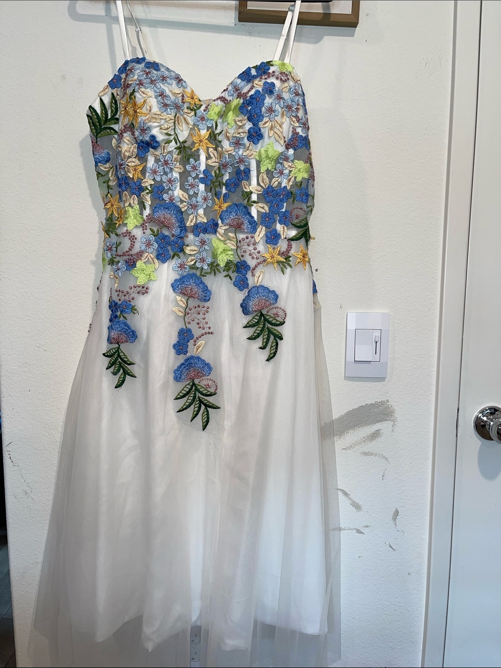 White Tulle Dress with Blue & Green Floral Appliqué